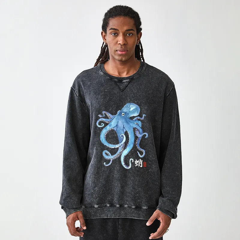 Kyoto-Lion Watercolor Blue Octopus Washed Terry Sweatshirt