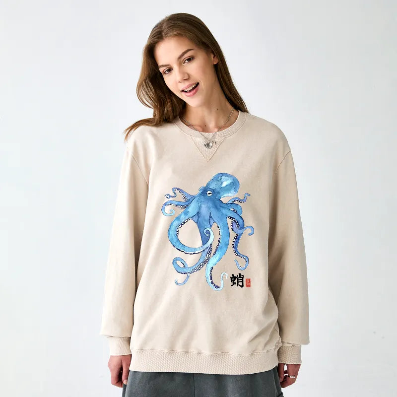 Kyoto-Lion Watercolor Blue Octopus Washed Terry Sweatshirt