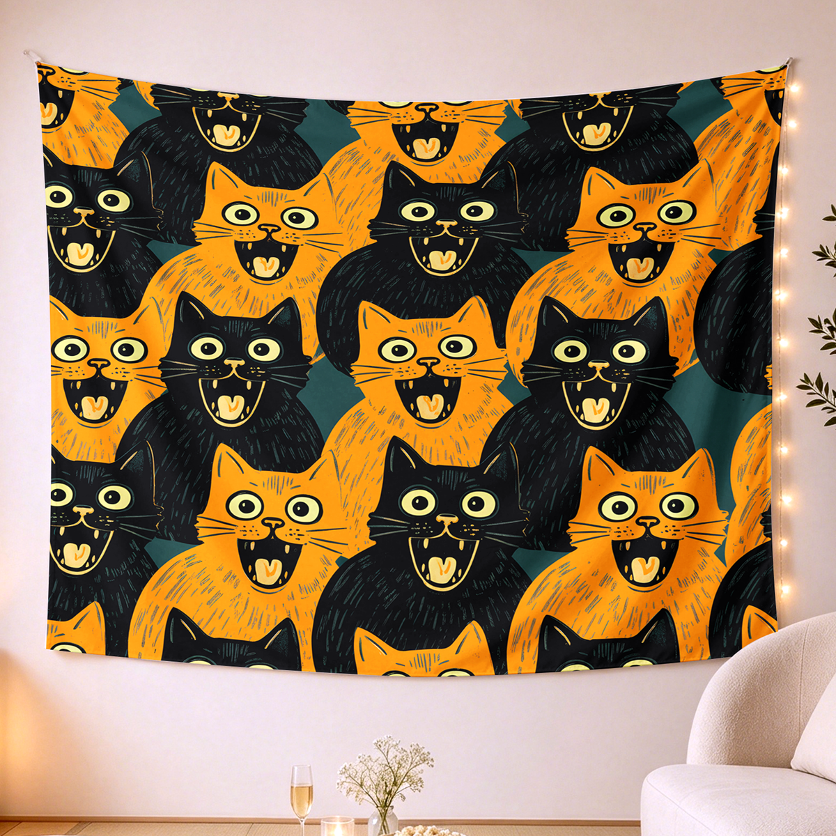 Kyoto-Lion Yellow Cat And Black Cat Tapestry