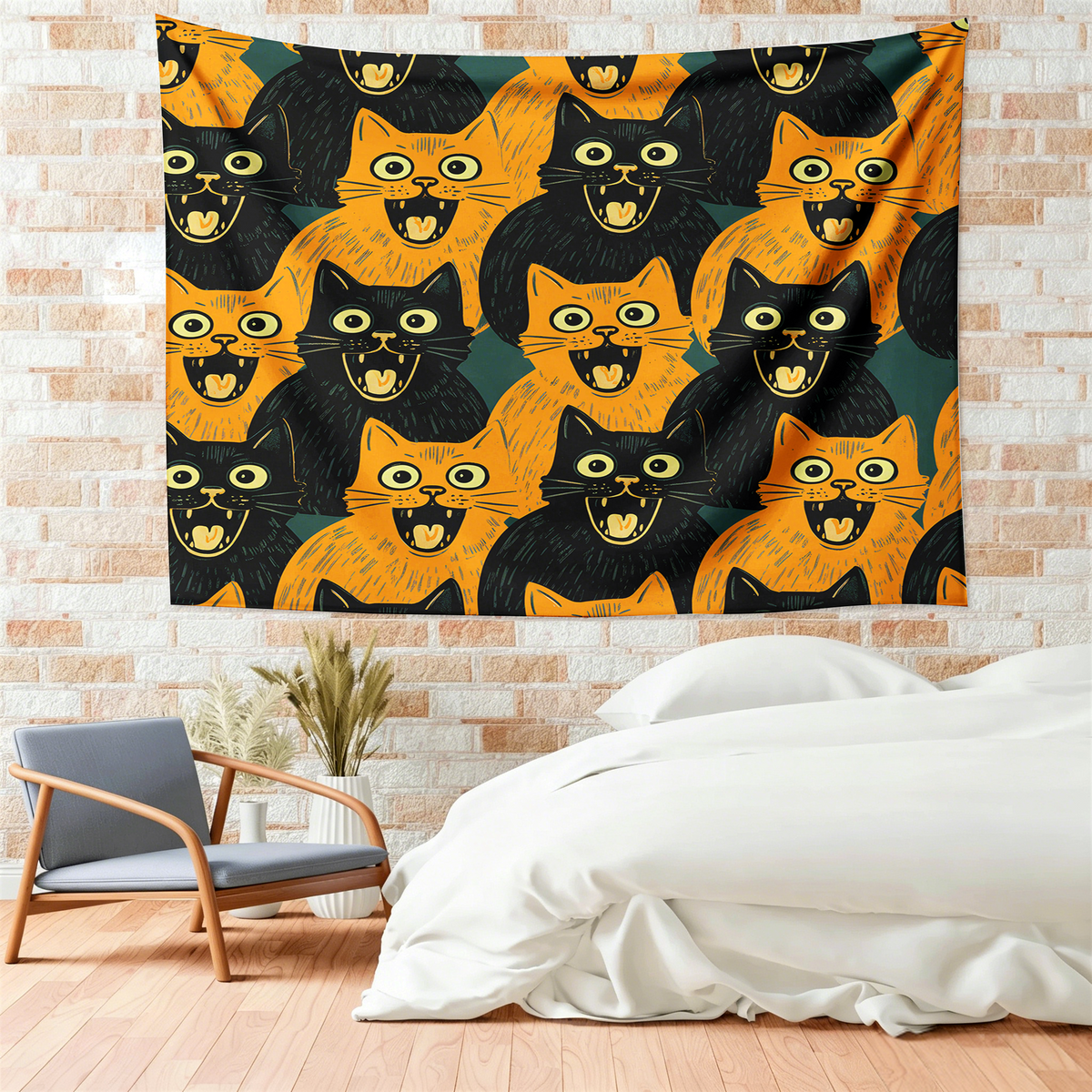Kyoto-Lion Yellow Cat And Black Cat Tapestry