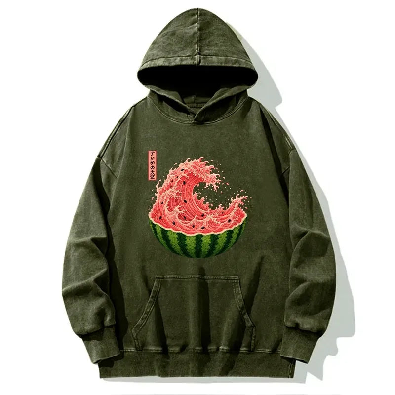 Kyoto-Lion Watermelon Wave Summer Ukiyo Art Washed Hoodie