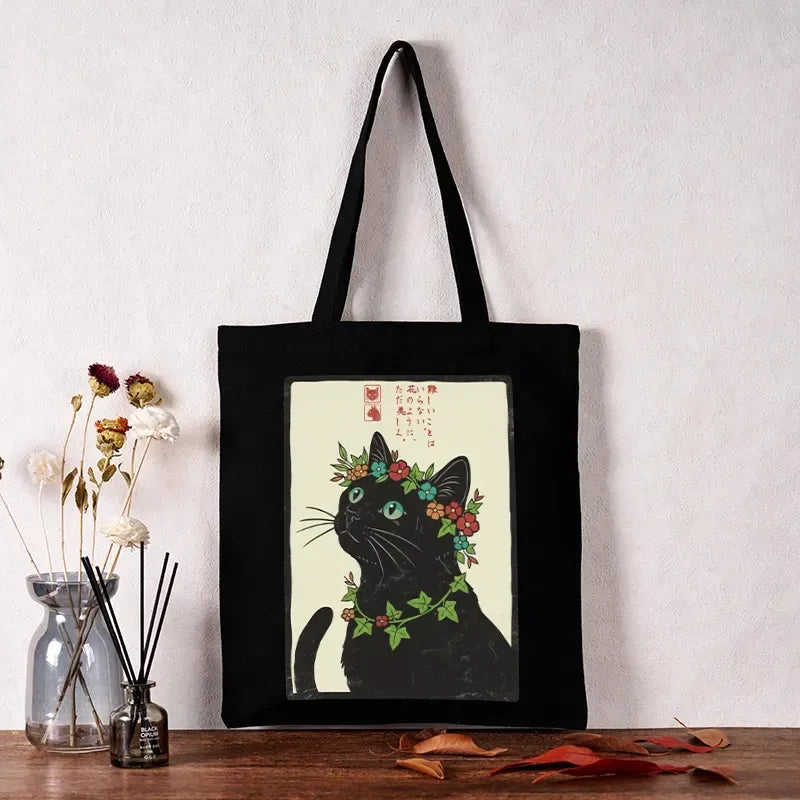 Japanese Flower Cat Tote Bag