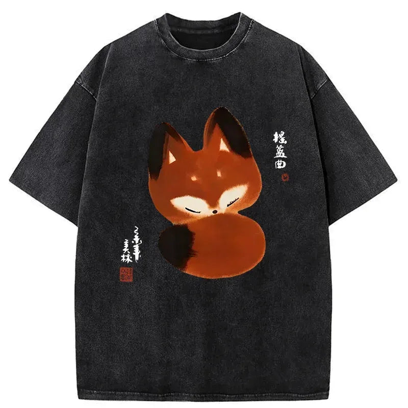 Kyoto-Lion Cute Fox Washed T-Shirt