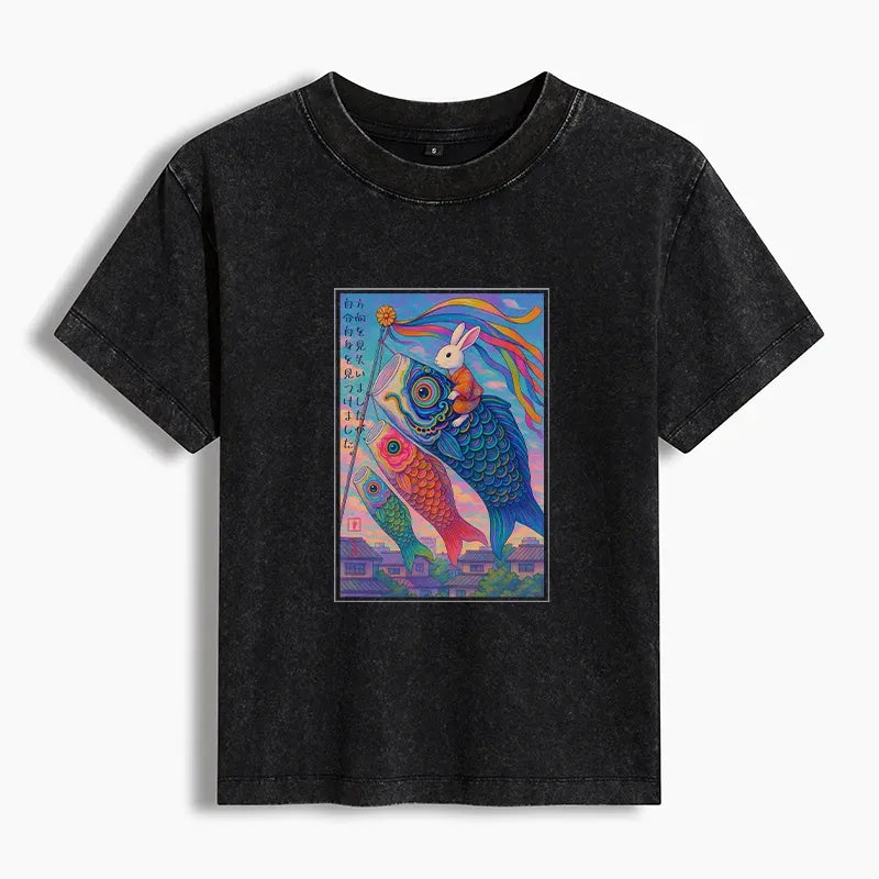 Kyoto-Lion Ukiyoe Rabbit Ride Carp streamer Poster Women's Washed T-shirt