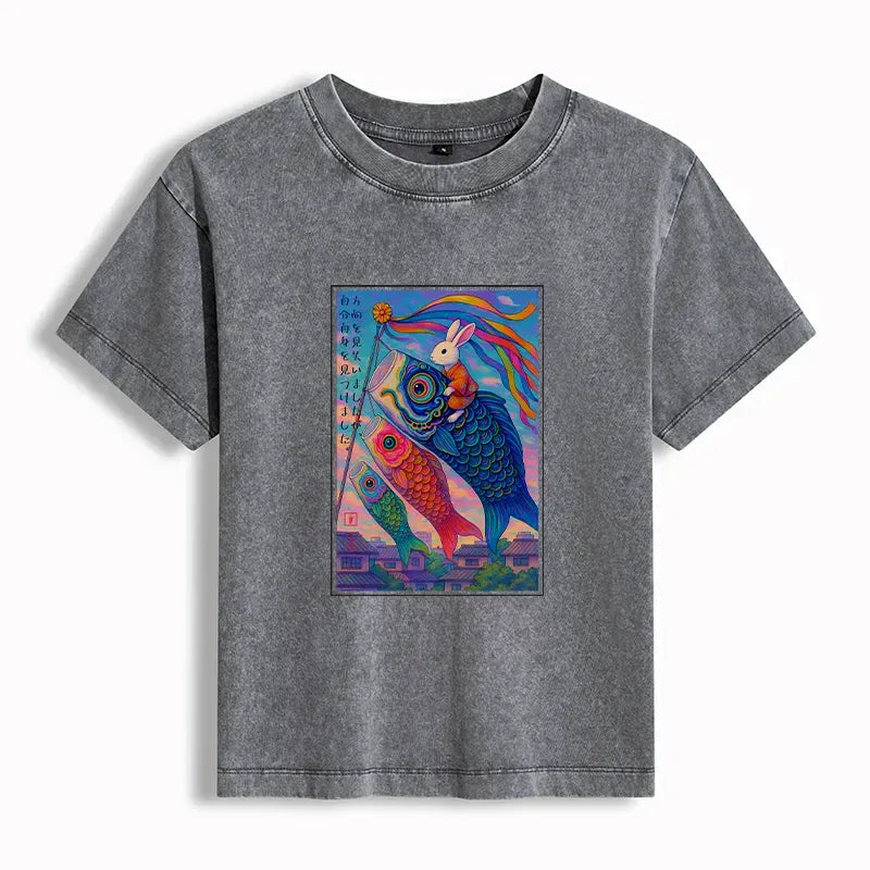 Kyoto-Lion Ukiyoe Rabbit Ride Carp streamer Poster Women's Washed T-shirt