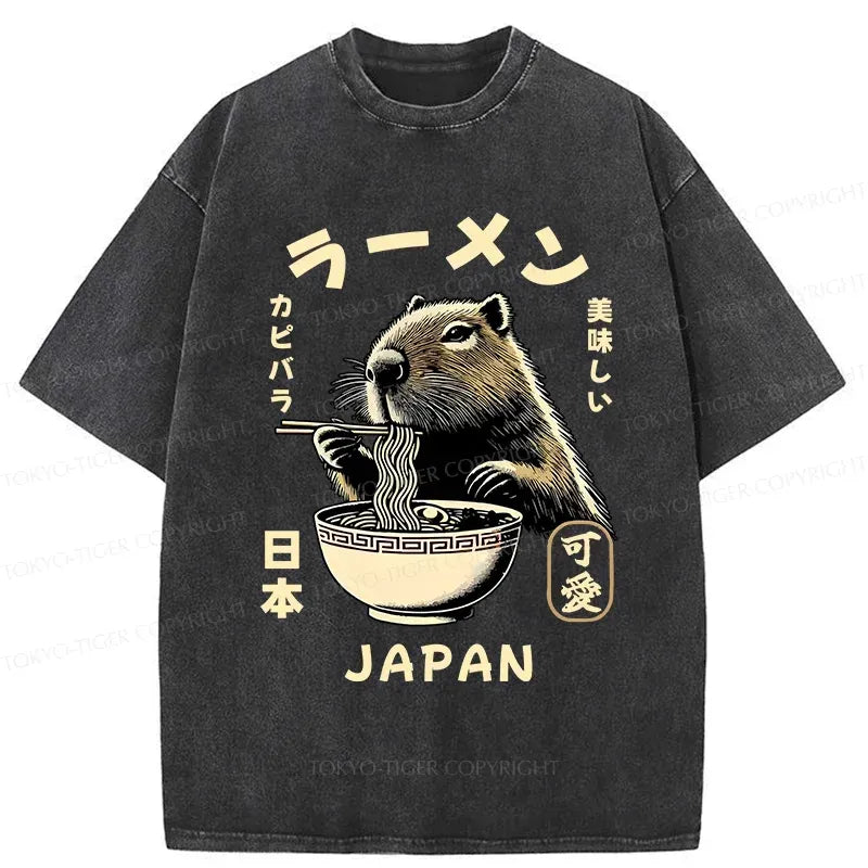 Kyoto-Lion Retro Capybara Eating Ramen Japanese Washed T-Shirt