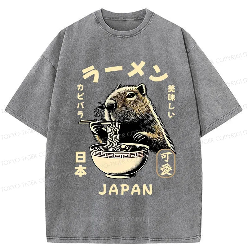 Kyoto-Lion Retro Capybara Eating Ramen Japanese Washed T-Shirt