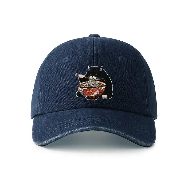 Kyoto-Lion Fat Cat Eating Ramen Denim Cap