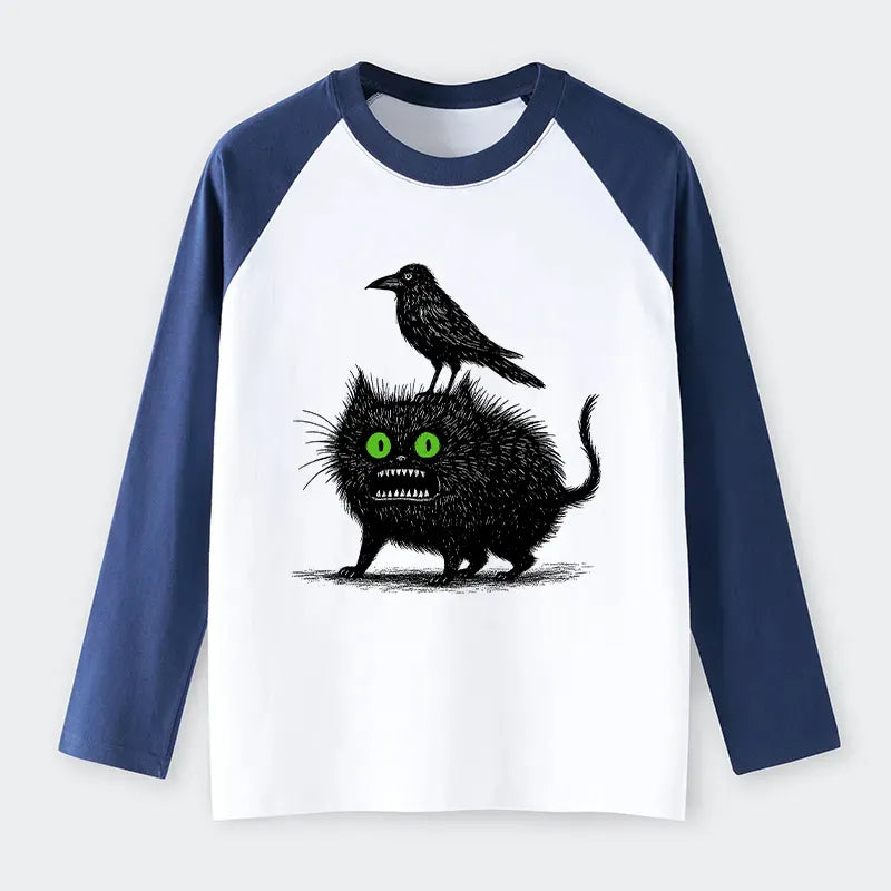 Kyoto-Lion Crow And Black Cat Raglan Long Sleeve T-shirt