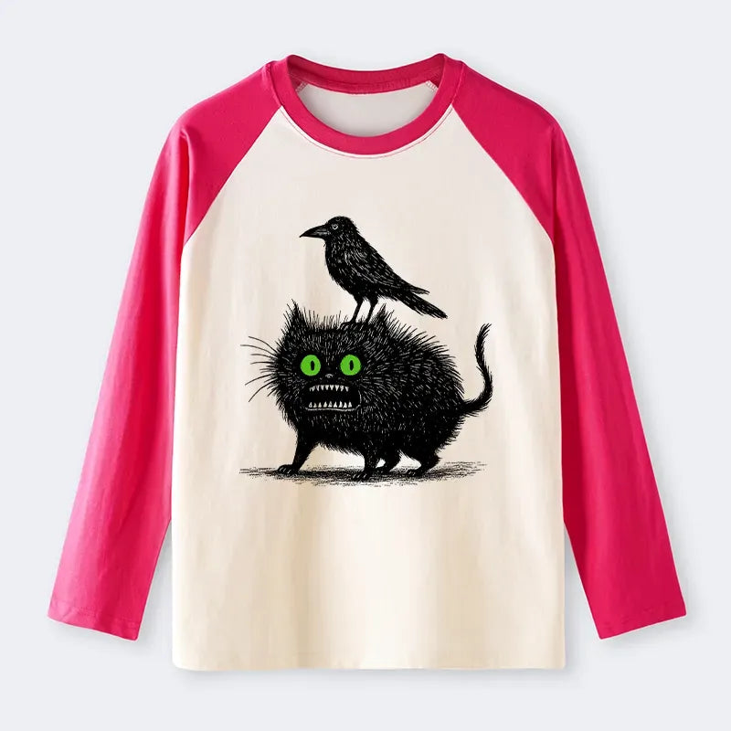 Kyoto-Lion Crow And Black Cat Raglan Long Sleeve T-shirt