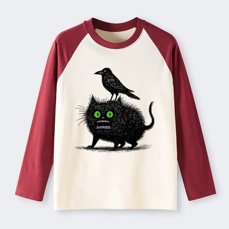 Kyoto-Lion Crow And Black Cat Raglan Long Sleeve T-shirt