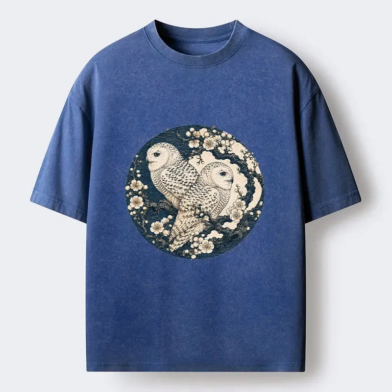 Kyoto-Lion Snow Owl Plum Blossom Art Washed T-Shirt