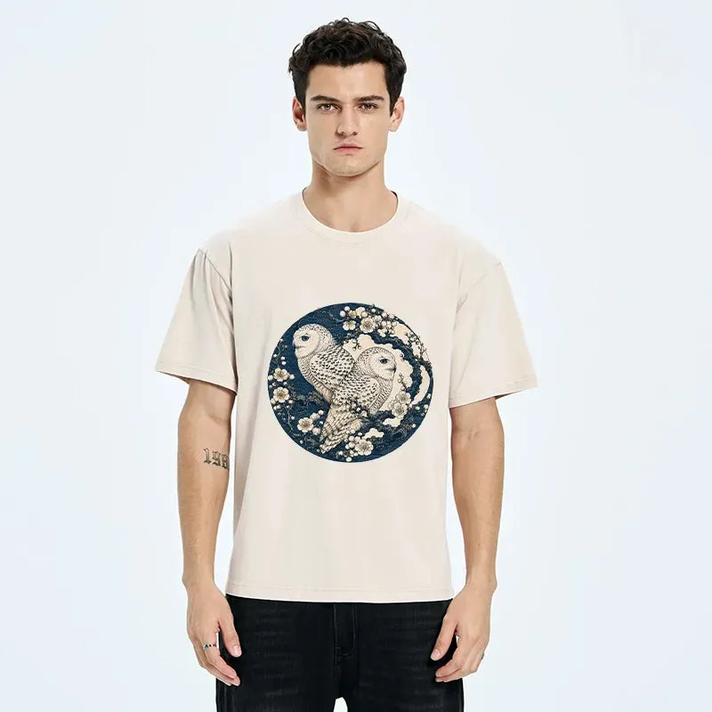 Kyoto-Lion Snow Owl Plum Blossom Art Washed T-Shirt