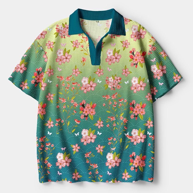 Kyoto-Lion Sakura Blossom Waves Crochet Polo Shirt