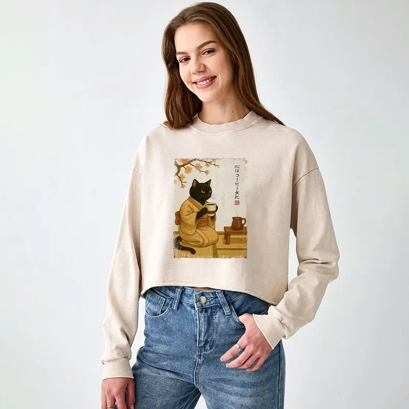 Japanese cat coffee wash crop sweatshirt