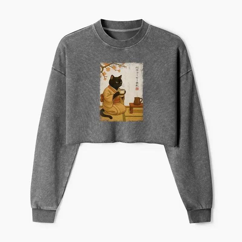 Japanese cat coffee wash crop sweatshirt