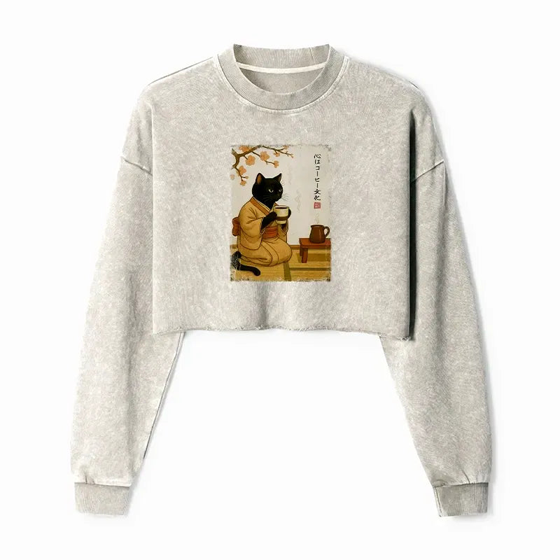 Kyoto-Lion Cat Heart Full Of Coffee Washed Crop Sweatshirt