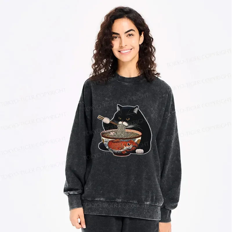 Kyoto-Lion Fat Cat Eating Ramen Washed Sweatshirt