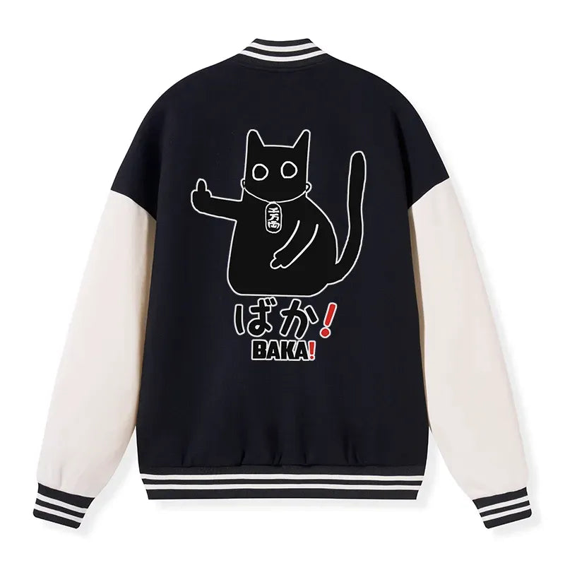 Kyoto-Lion Japanese Baka Cat Embroidery Varsity Jacket