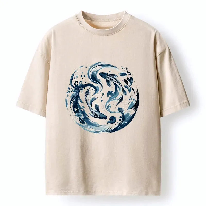 Kyoto-Lion Monochrome Blue Yin Yang Fish Washed T-Shirt
