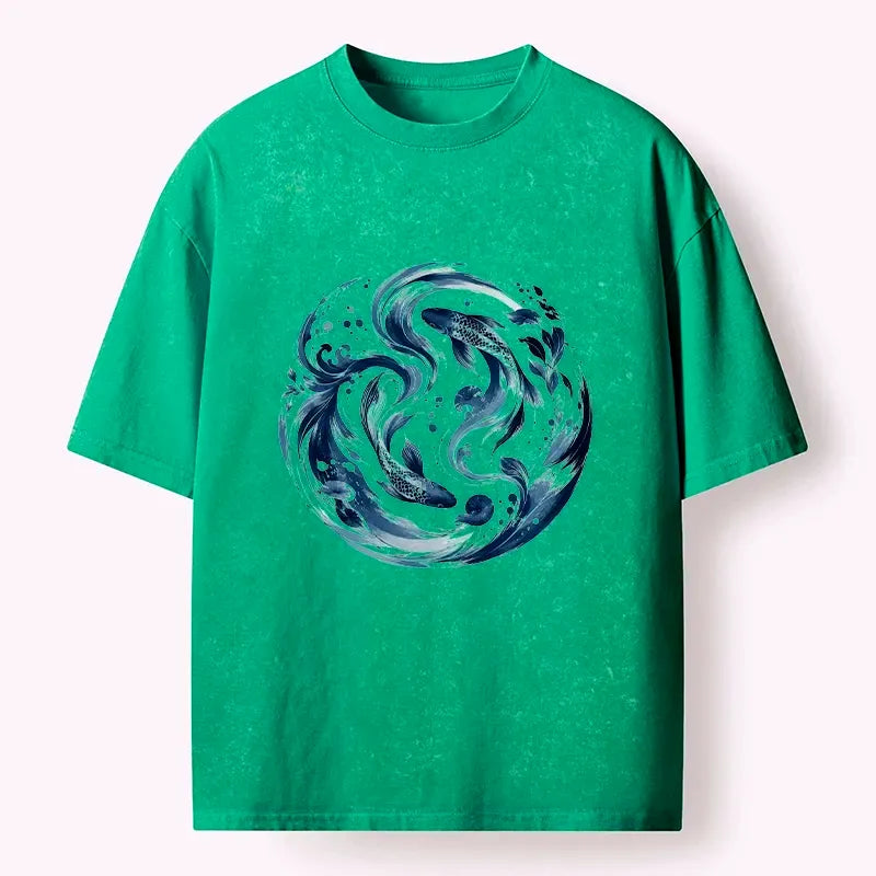 Kyoto-Lion Monochrome Blue Yin Yang Fish Washed T-Shirt