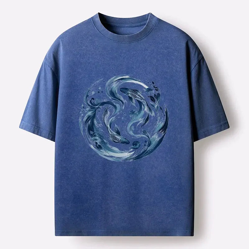 Kyoto-Lion Monochrome Blue Yin Yang Fish Washed T-Shirt