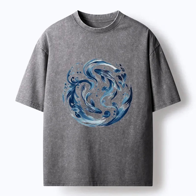 Kyoto-Lion Monochrome Blue Yin Yang Fish Washed T-Shirt
