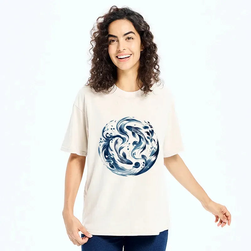 Kyoto-Lion Monochrome Blue Yin Yang Fish Washed T-Shirt