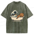 Kyoto-Lion Funny Capybara Bathing Washed T-Shirt