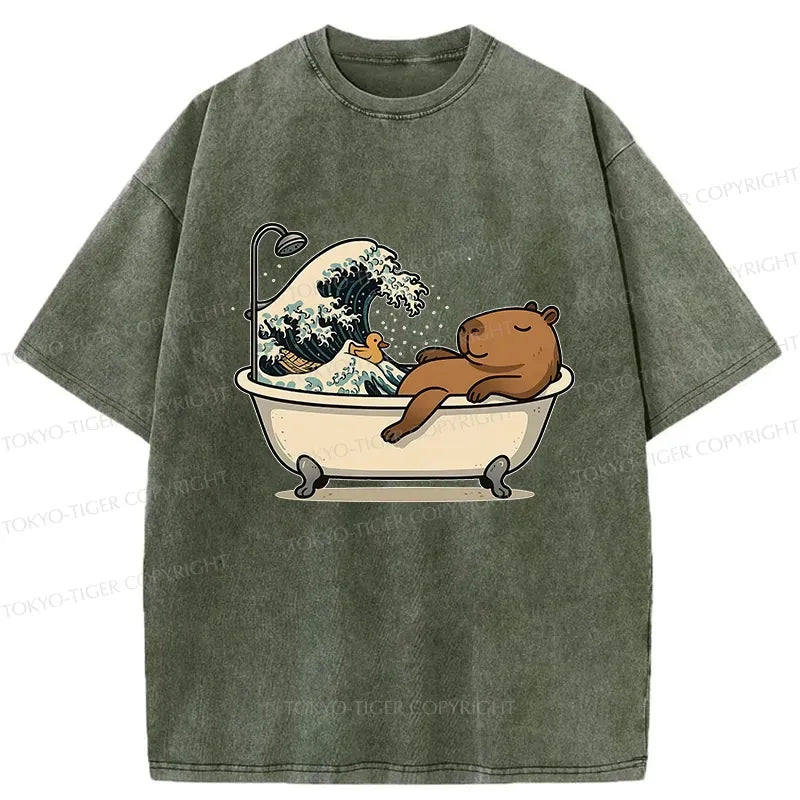Kyoto-Lion Funny Capybara Bathing Washed T-Shirt