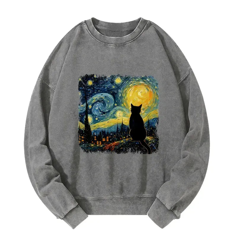 Kyoto-Lion The Starry Night Cat Washed Sweatshirt