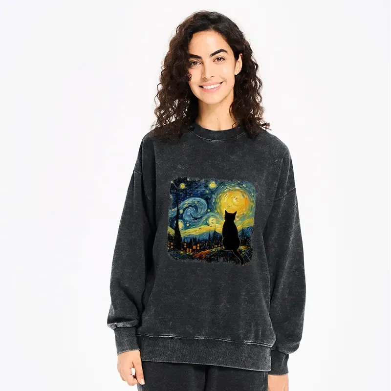 Kyoto-Lion The Starry Night Cat Washed Sweatshirt