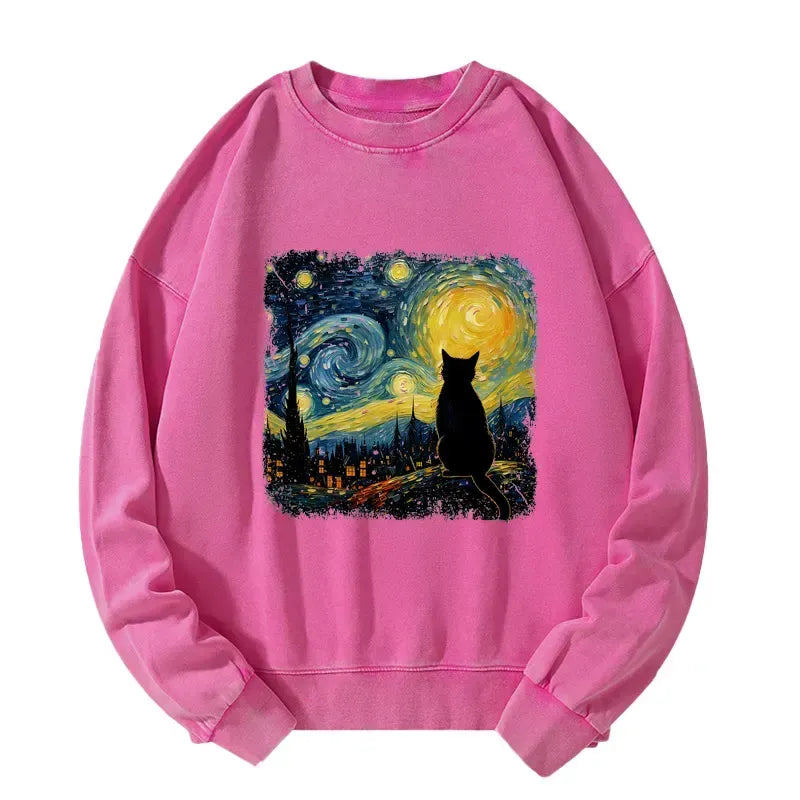 Kyoto-Lion The Starry Night Cat Washed Sweatshirt