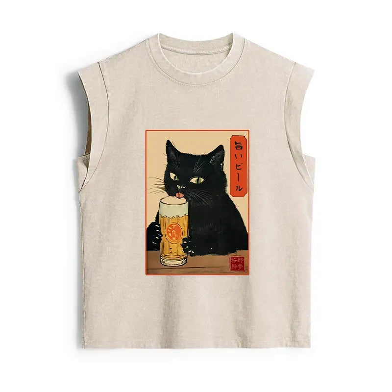 Funny Cat Holding Beer Washed Tank Top