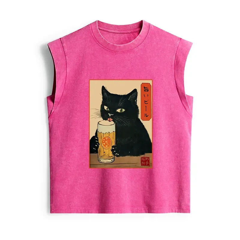 Kyoto-Lion Cat Holding A Glass Of Beer Women's Washed Tank Tops