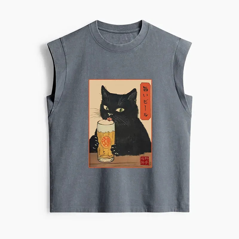 Kyoto-Lion Cat Holding A Glass Of Beer Women's Washed Tank Tops