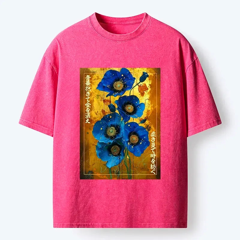 Kyoto-Lion Shiny Blue Flower Warm Golden Background Washed T-Shirt