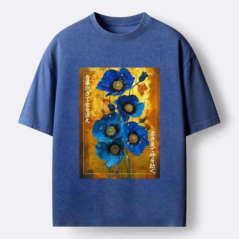 Kyoto-Lion Shiny Blue Flower Warm Golden Background Washed T-Shirt