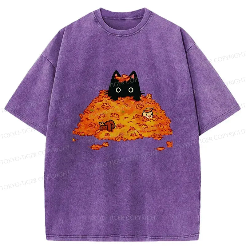 Kyoto-Lion Black Cat In Autumn Leaves Washed T-Shirt