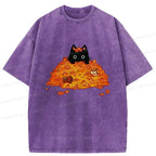 Kyoto-Lion Black Cat In Autumn Leaves Washed T-Shirt