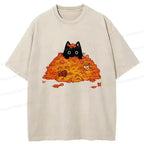 Kyoto-Lion Black Cat In Autumn Leaves Washed T-Shirt