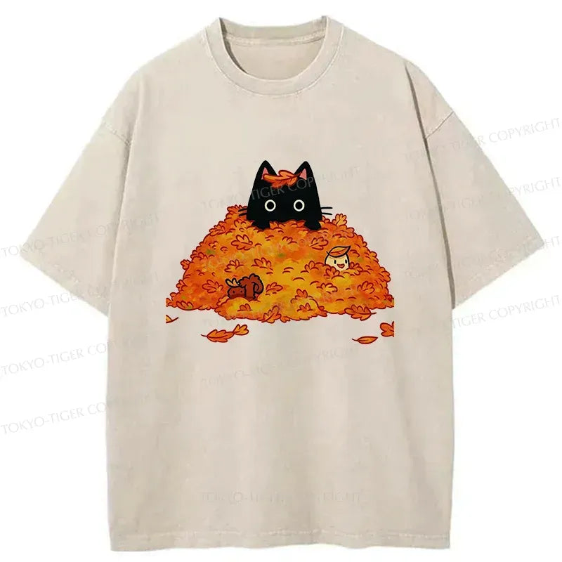 Kyoto-Lion Black Cat In Autumn Leaves Washed T-Shirt