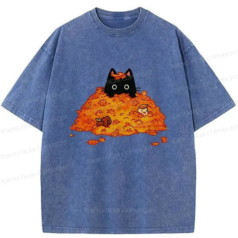 Washed black cat t-shirt for daily wear