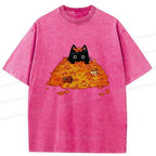 Washed black cat t-shirt for daily wear