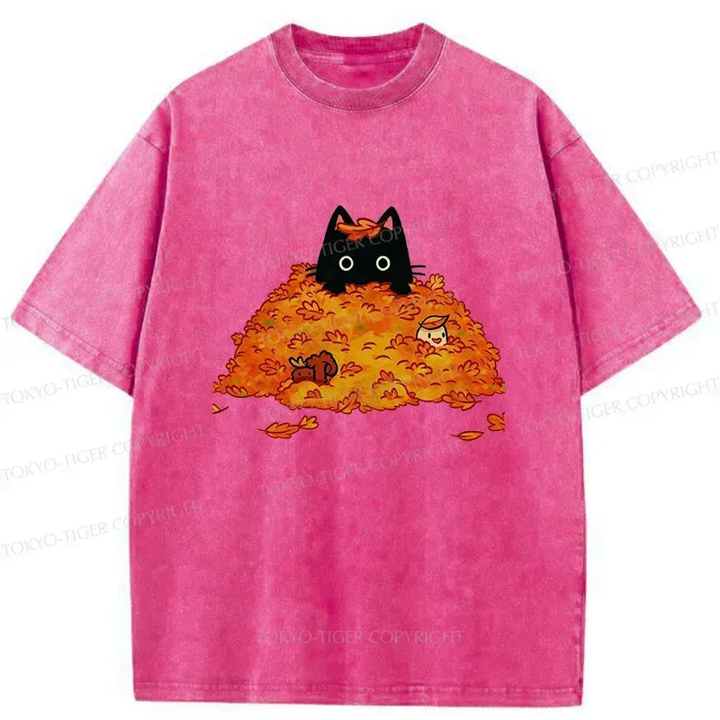 Washed black cat t-shirt for daily wear
