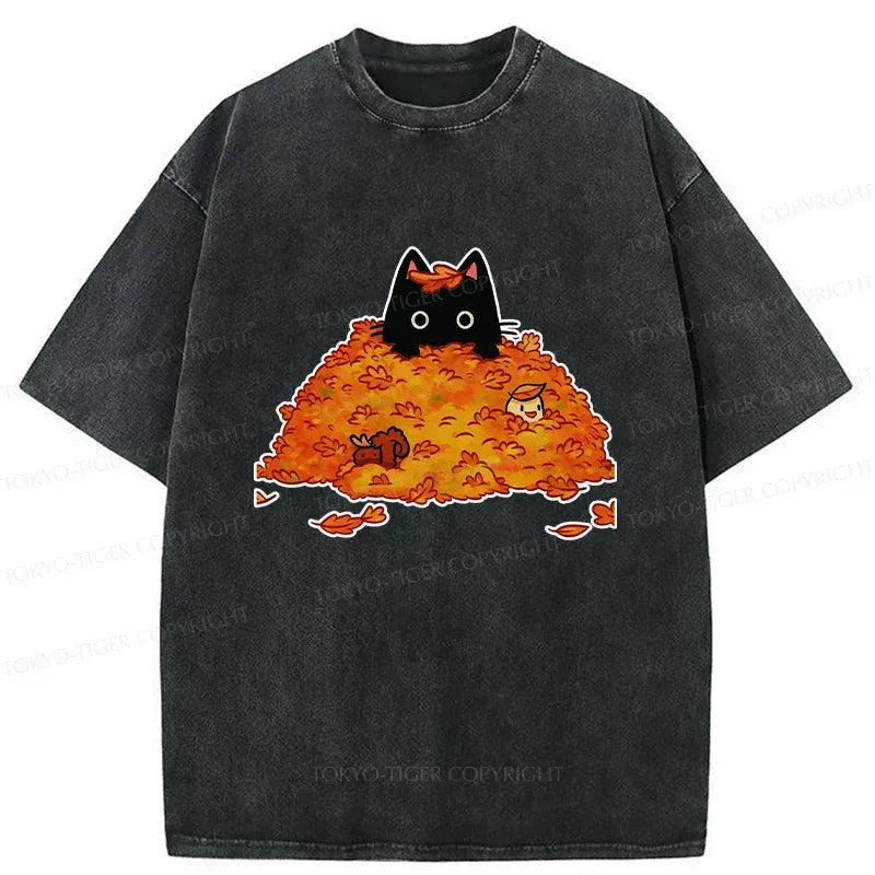 Washed black cat t-shirt for daily wear