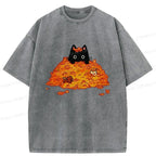 Kyoto-Lion Black Cat In Autumn Leaves Washed T-Shirt