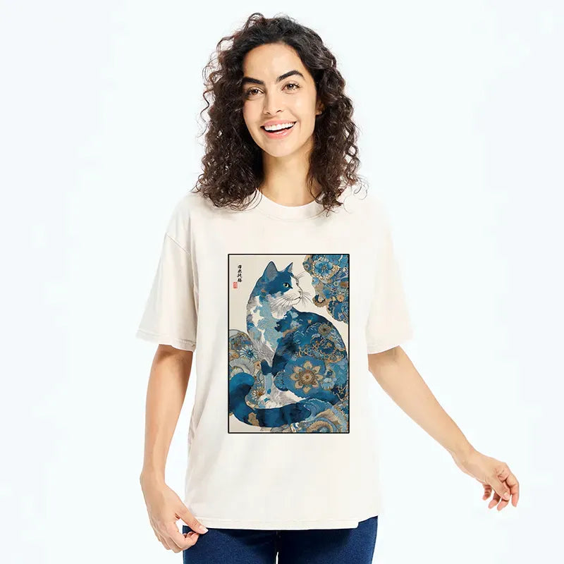 Washed Flowers Cat T-Shirt for Daily Wear