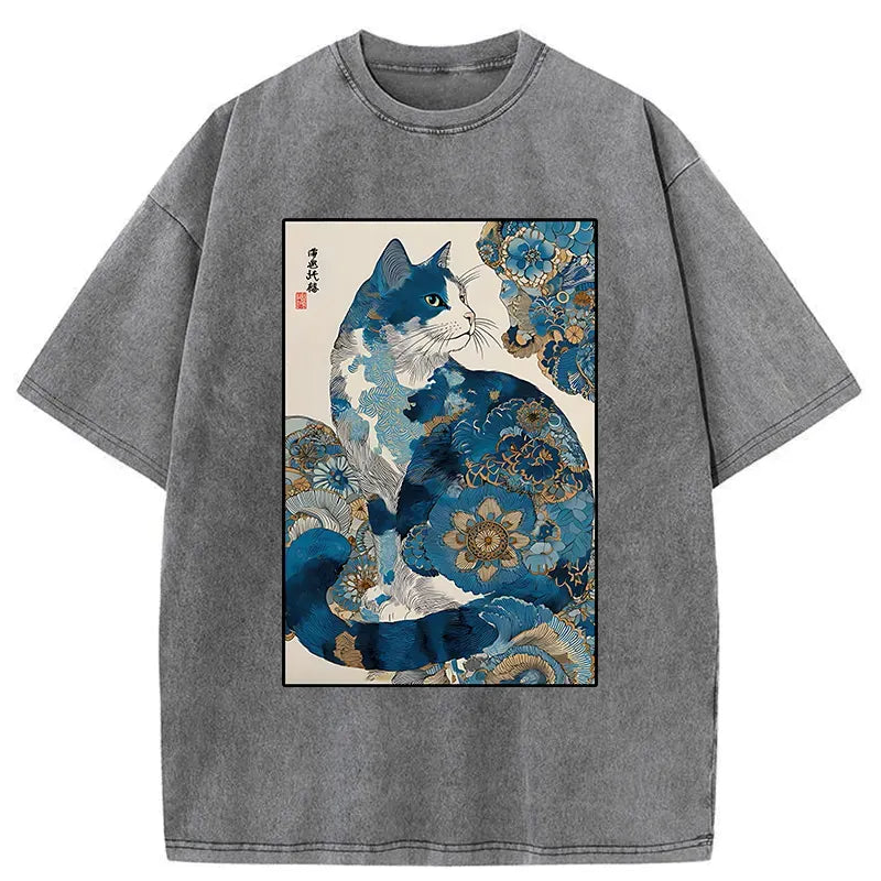 Kyoto-Lion Japanese Ukiyo-e Flowers Cat Washed T-Shirt