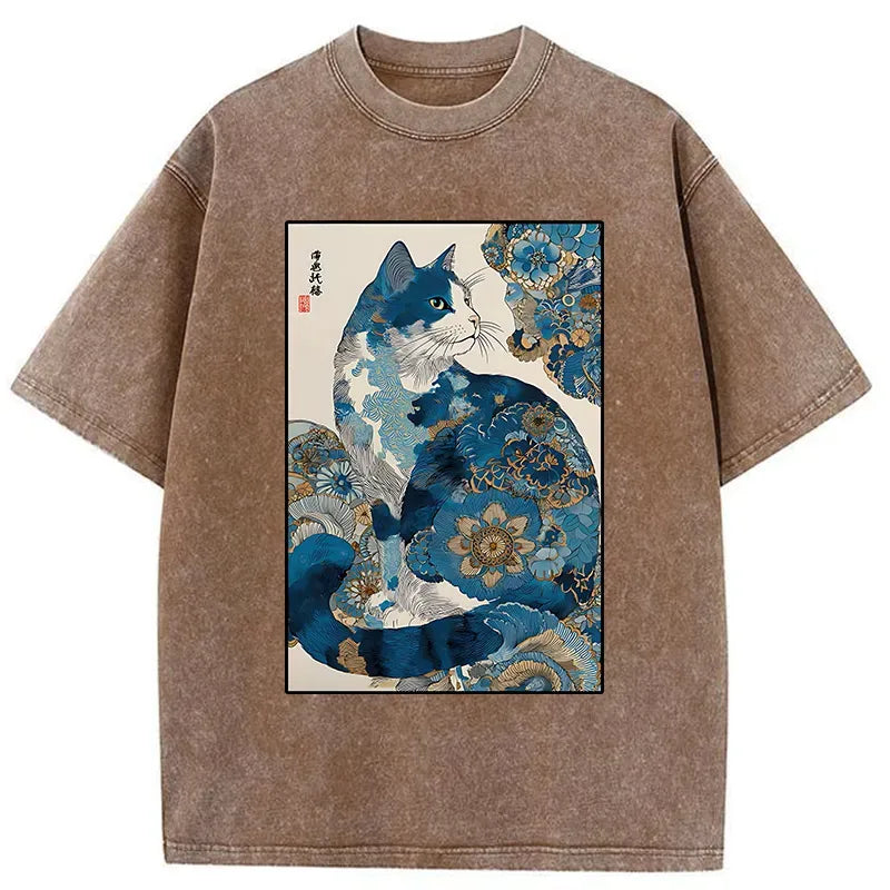 Washed Flowers Cat T-Shirt for Daily Wear